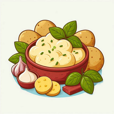 Mashed potatoes in bowl with garlic and herbs. Vector illustration.のイラスト素材