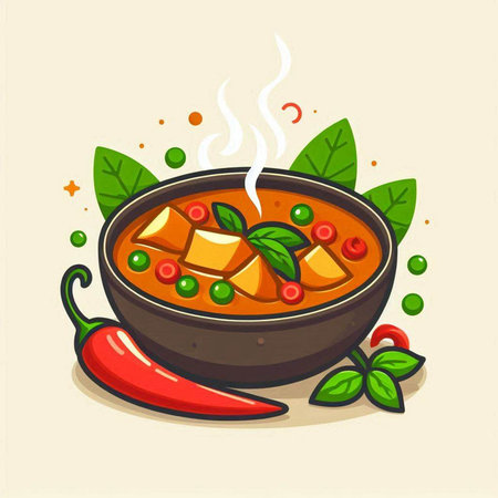 Vector illustration of a bowl of spicy curry with chilli and herbsのイラスト素材