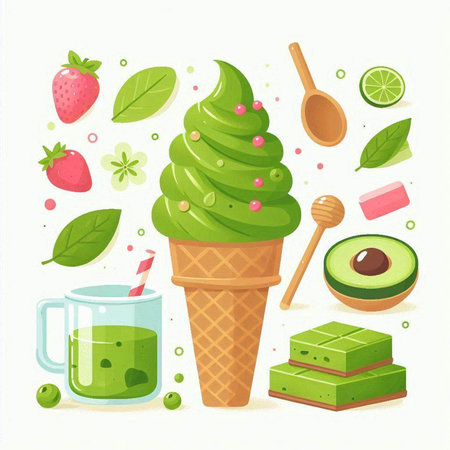 Vector illustration of green ice cream in waffle cone, mint leaves, strawberries, lime, honey, kiwi, mint leaves, wooden spoon and spoon.のイラスト素材