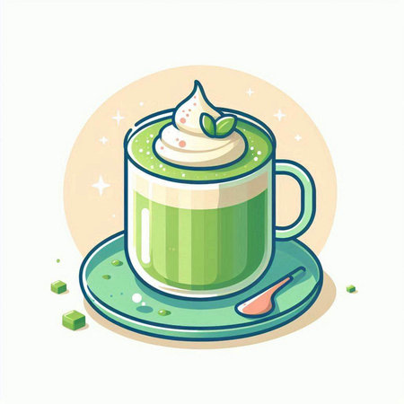 Green tea latte with whipped cream and sugar cubes. Vector illustration.のイラスト素材