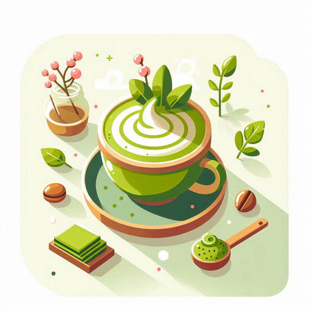 Matcha green tea in a flat style. Vector illustration of a green tea ceremony.のイラスト素材