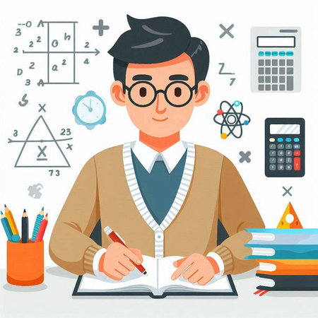 Vector illustration of a young man doing his homework in the office.のイラスト素材