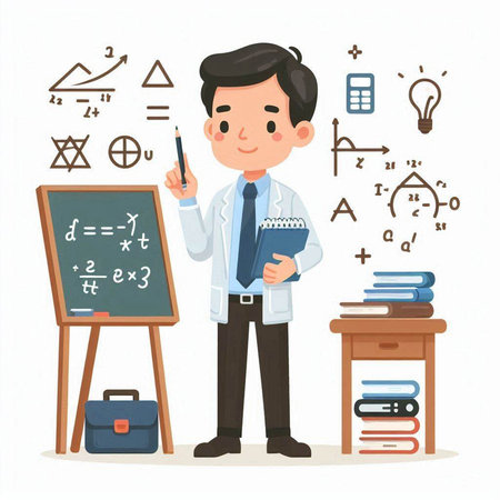Male scientist writing on a blackboard. Vector illustration in cartoon style.のイラスト素材