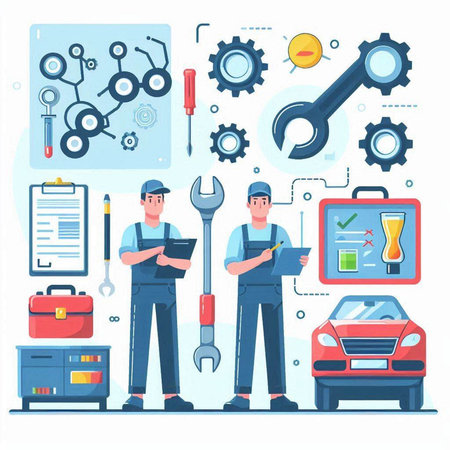 Car service, auto repair concept. Mechanic, mechanic, mechanic, mechanic, mechanic, repairman. Vector illustration in flat styleのイラスト素材