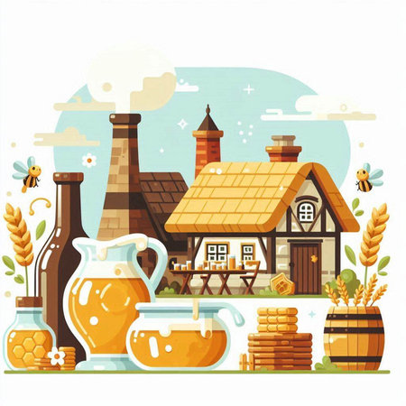Vector illustration of a country house with beer, honey and wheat.のイラスト素材