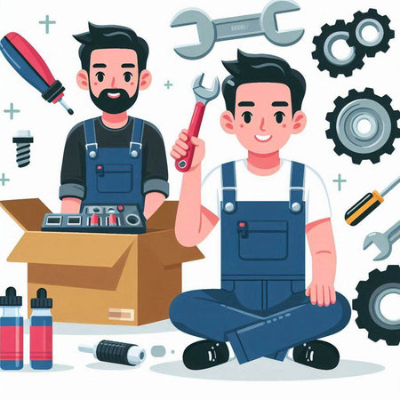 Repairman with tools and box. Vector illustration in cartoon styleのイラスト素材