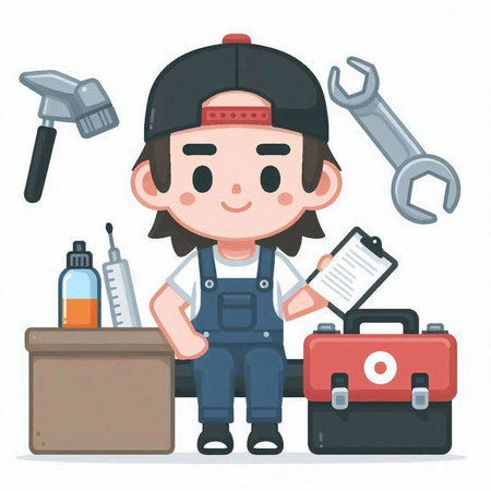 Cartoon mechanic with toolbox and tools. Vector illustration in a flat style.のイラスト素材
