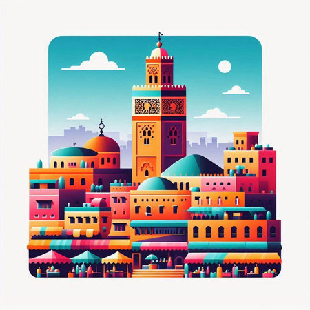 Colorful islamic cityscape with mosque. Vector illustration.のイラスト素材