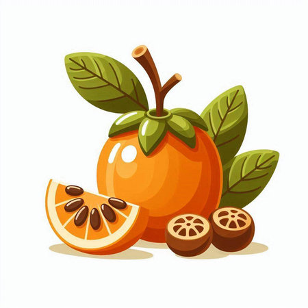 Persimmon fruit with leaves isolated on white background. Vector illustrationのイラスト素材