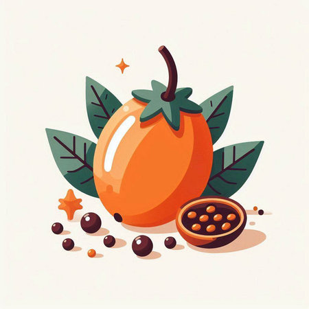 Ripe persimmon fruit with leaves and seeds. Vector illustration.のイラスト素材