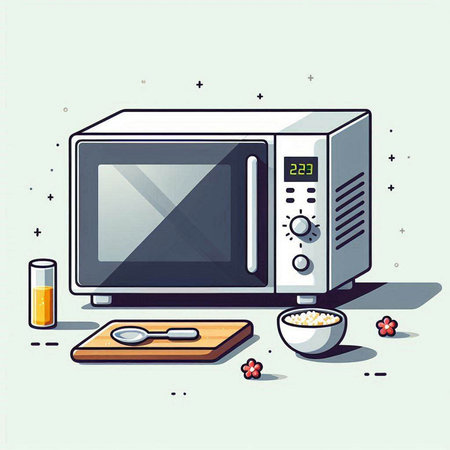 Microwave oven and ingredients. Vector illustration in cartoon style.のイラスト素材