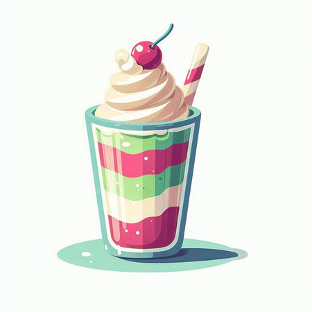 Vector illustration of a milkshake with whipped cream and cherry.のイラスト素材