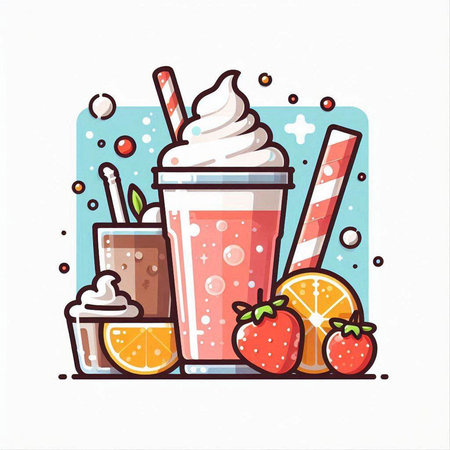 Fruit smoothie in glass with whipped cream and straws. Vector illustration.のイラスト素材