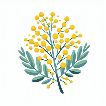 Branch with yellow mimosa flowers on white background. Vector illustration.のイラスト素材