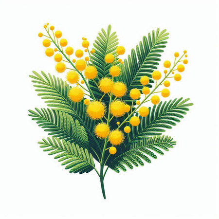 Mimosa flowers isolated on white background. Vector realistic illustration.のイラスト素材