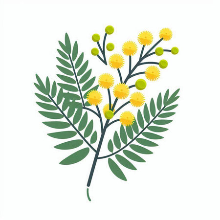 Mimosa branch with yellow flowers isolated on white background. Vector illustration.のイラスト素材