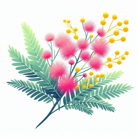 Bouquet of mimosa flowers isolated on white background. Vector illustration.のイラスト素材
