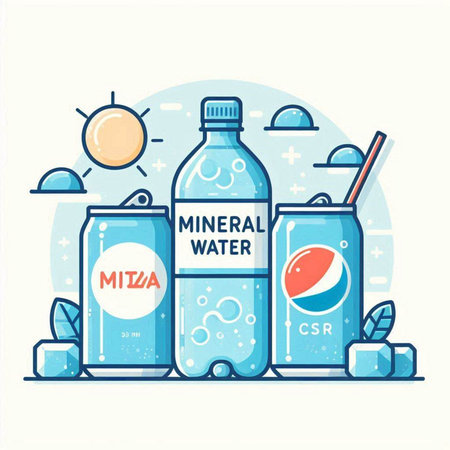 Vector illustration of water drink in flat line style. Plastic bottle, glass, ice cubes, sun, cloud.のイラスト素材