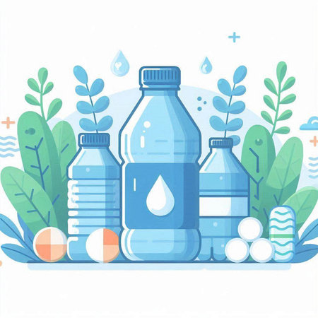 Plastic bottles with clean water. Vector illustration in flat style.のイラスト素材