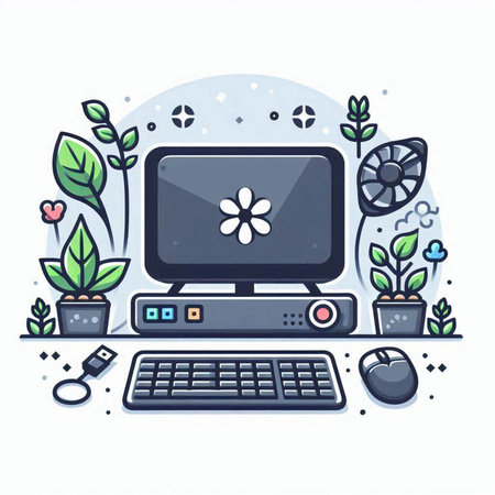 Home office. Workplace with computer and plants. Vector illustration.のイラスト素材
