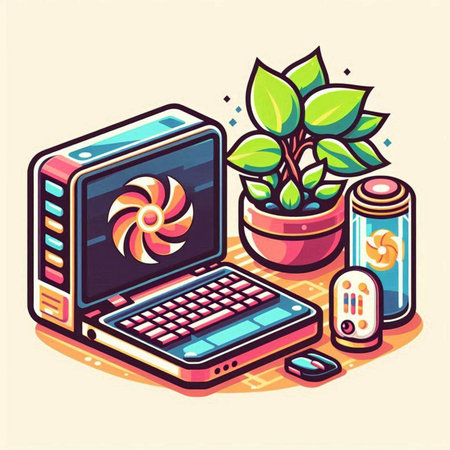 Flat 3d isometric vector illustration of a laptop, a computer, a remote control and a plant.のイラスト素材