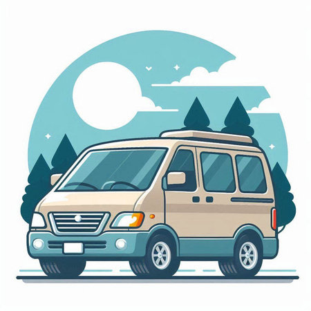 Vector illustration of a campervan on the road in the forestのイラスト素材