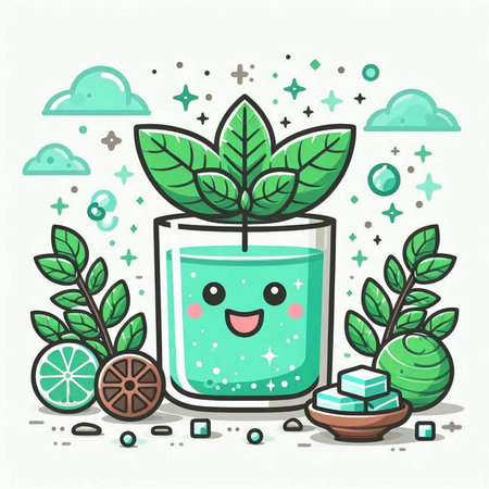 Cute cartoon green tea in glass with mint leaves. Vector illustration.のイラスト素材