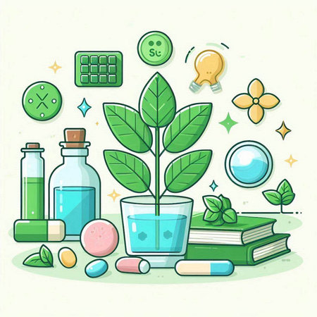 Vector illustration of a green plant in a glass pot, surrounded by medical items.のイラスト素材