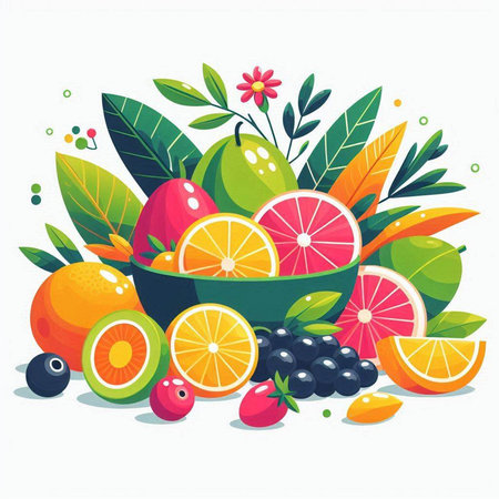 Fruits and berries in cartoon style. Colorful vector illustration.のイラスト素材