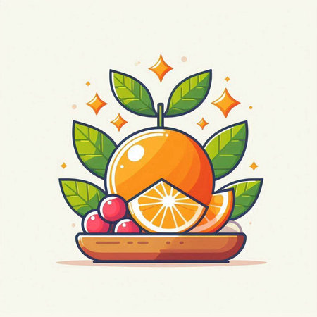 Orange fruit with leaves and berries on wooden plate. Vector illustration.のイラスト素材
