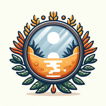 Illustration of a round emblem with a cartoon sun and a laurel wreathのイラスト素材