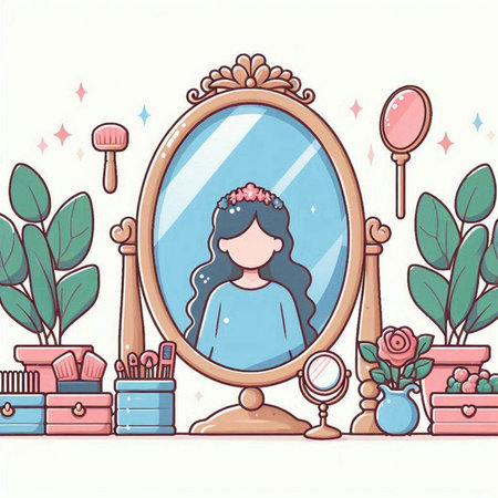 Vector illustration of a girl in a dressing room with a mirror.のイラスト素材