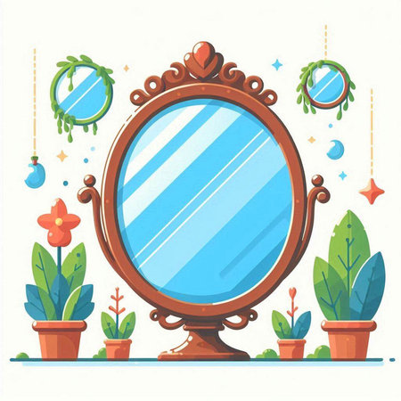 Vector illustration of a mirror in a flat style with plants and flowers.のイラスト素材