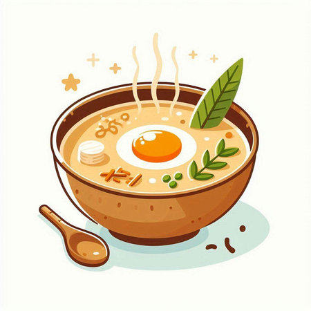 Illustration of a bowl of soup with egg and herbs on a white backgroundのイラスト素材