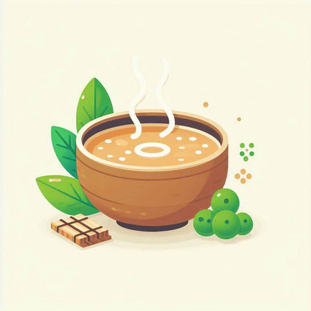 Illustration of a bowl of miso soup and green tea leavesのイラスト素材