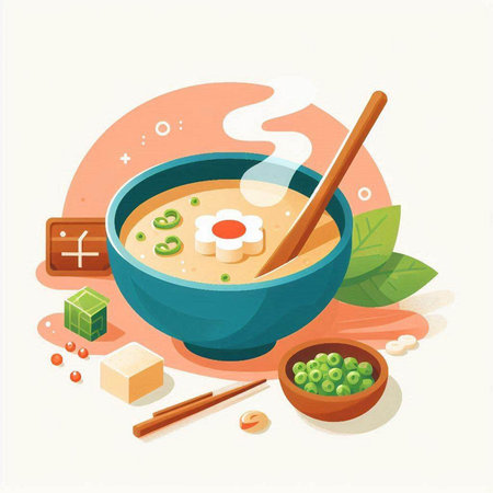 Vector illustration of miso soup in bowl with chopsticks and soybeansのイラスト素材