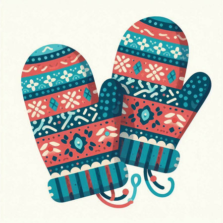 Vector illustration of Christmas mittens in folk style. Hand drawn doodle elements.のイラスト素材