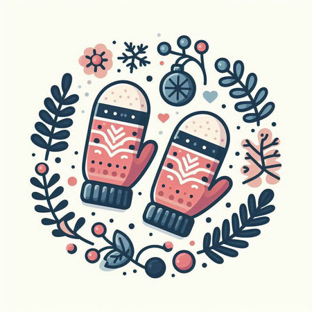 Hand drawn vector illustration with Christmas mittens and wreath. Isolated objects on white background.のイラスト素材