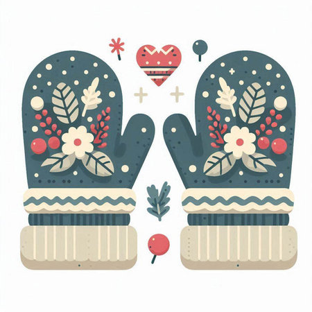 Hand drawn vector illustration of a pair of mittens decorated with Christmas elements.のイラスト素材