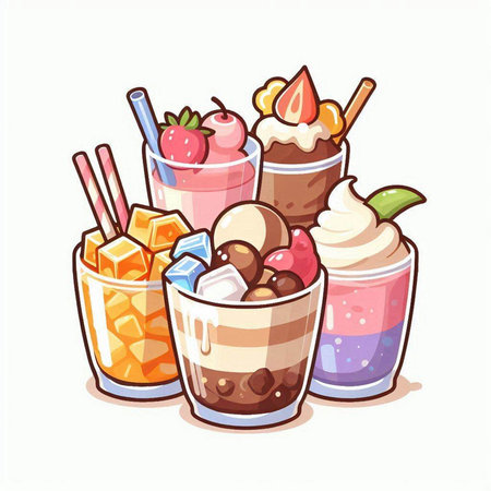 Vector illustration of colorful milkshakes with ice cream and fruits in cups.のイラスト素材