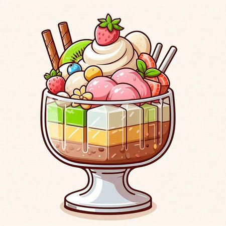 Colorful ice cream in a glass bowl. Cartoon vector illustration.のイラスト素材