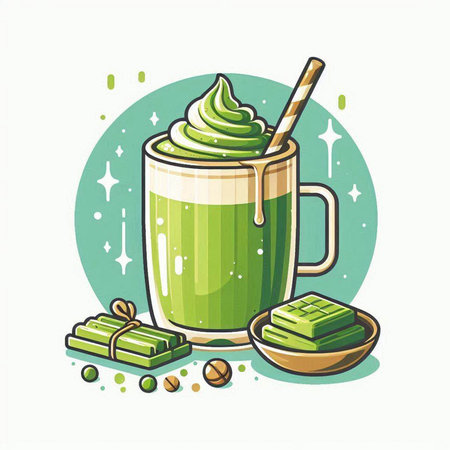 Green tea latte with chocolate and marshmallows. Vector illustration.のイラスト素材