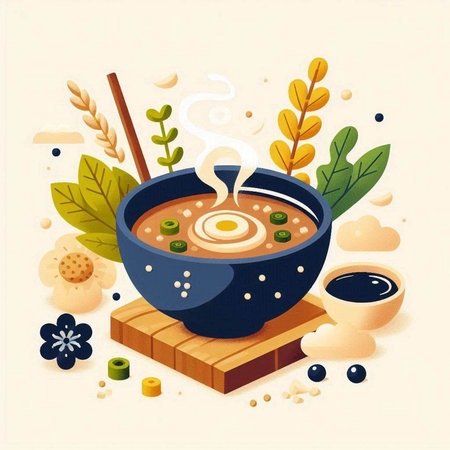 Vector illustration of Asian soup in bowl with chopsticks and soy sauceのイラスト素材