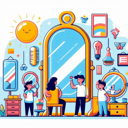 Vector illustration of a girl in a dressing room with a mirror.のイラスト素材