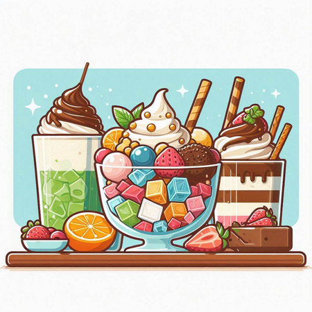 Colorful vector illustration of a set of different ice cream desserts.のイラスト素材