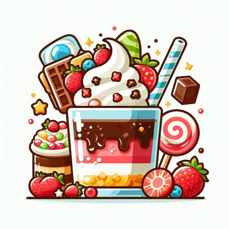 Vector illustration of a cup of ice cream with strawberries, chocolatehmallows and candiesのイラスト素材