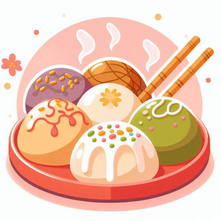 Illustration of Japanese Pastry with Chopsticks on a Round Plateのイラスト素材