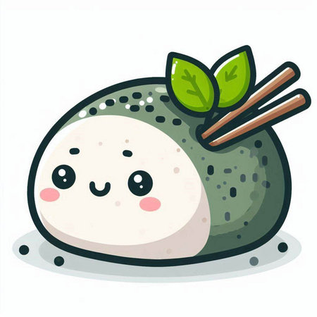 Illustration of a cute rice ball with chopsticks on a white backgroundのイラスト素材