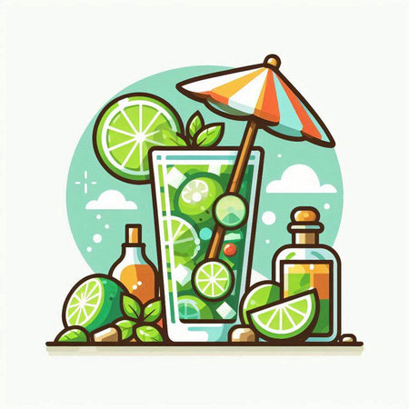 Cocktail with lime, lemon, mint and ice. Vector illustration.のイラスト素材
