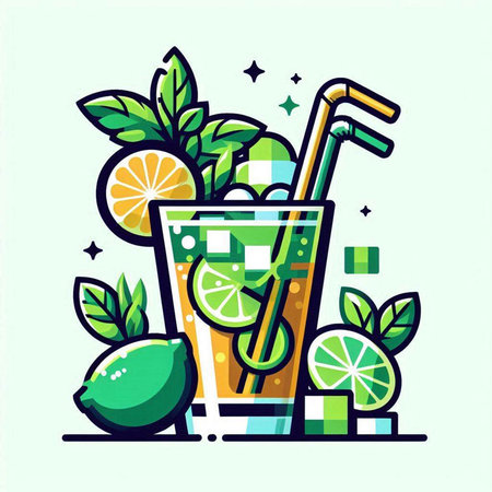 Cocktail with lime, mint and straw. Vector illustration.のイラスト素材